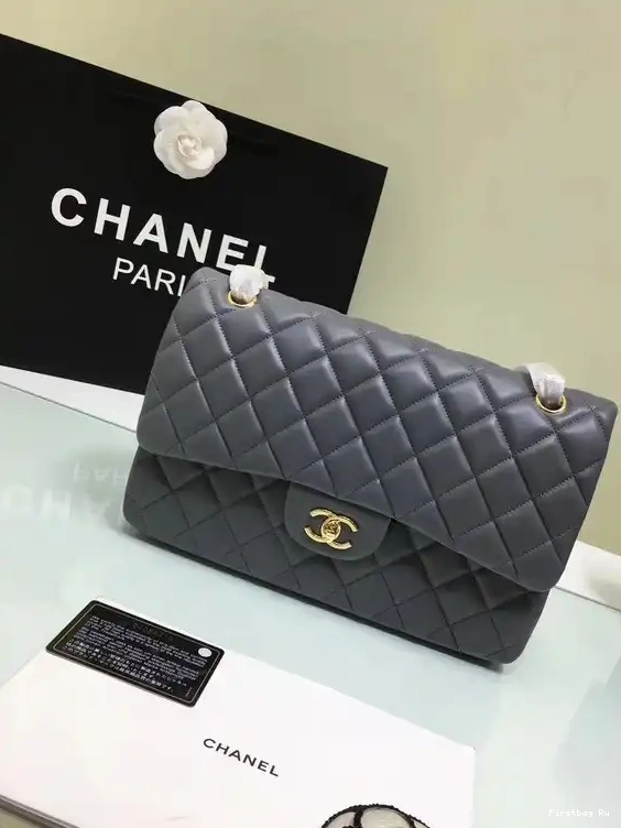 Firstbag Ru Bag Gold Leather Size 30cm Grey Silver With Lambskin 1112 Hardware Large CHANEL Flap 0511